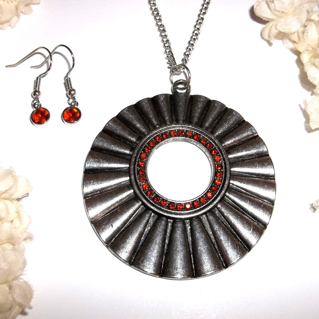 Jewelry Set Long Necklace Earrings Silver Orange Rhinestone Boho Style Set C686 25$